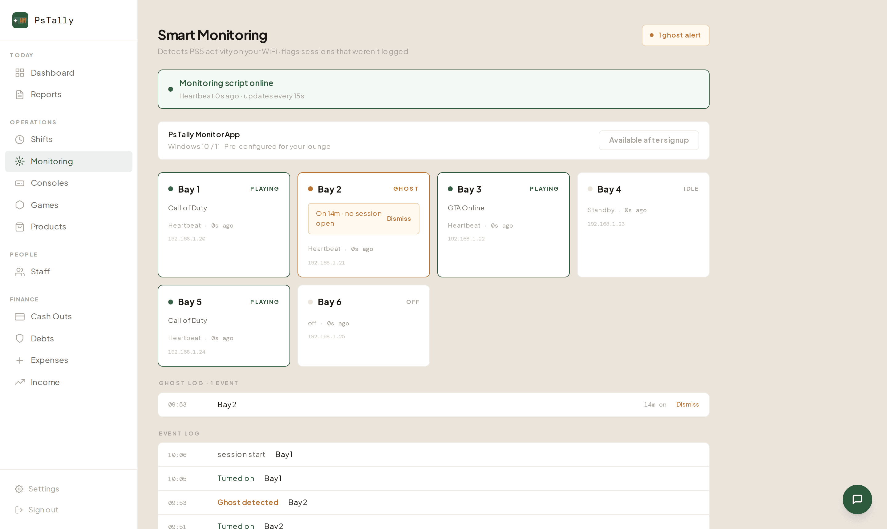 PsTally Smart Monitoring page showing each bay's live status — playing, idle, ghost, off — with a ghost alert