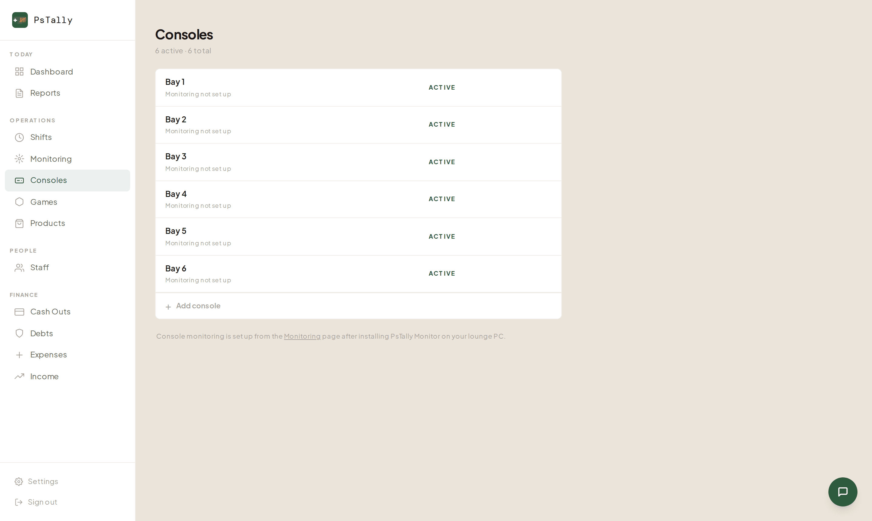 PsTally Consoles page listing Bay 1 to Bay 6