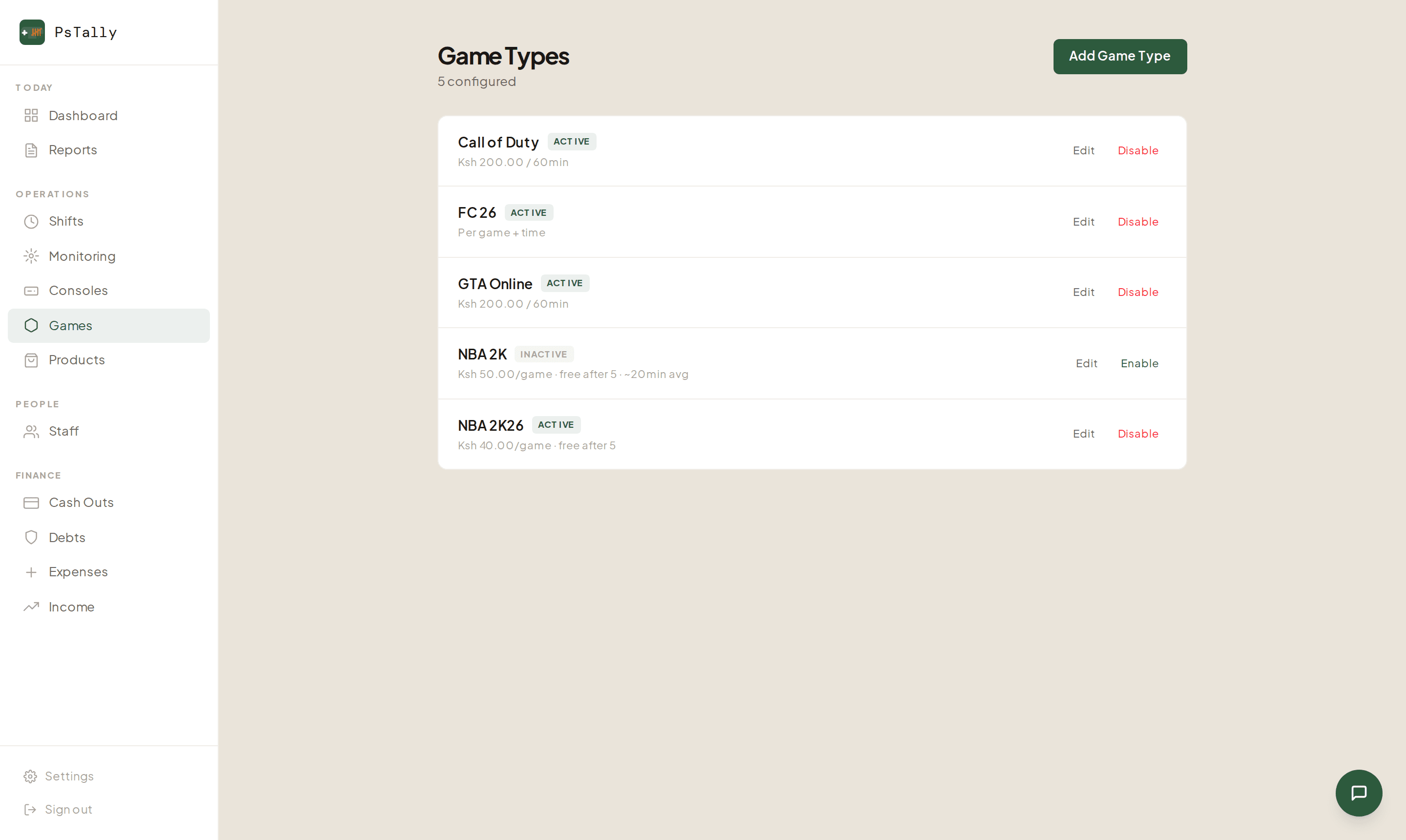 PsTally Games page showing game types with per-hour and per-game pricing