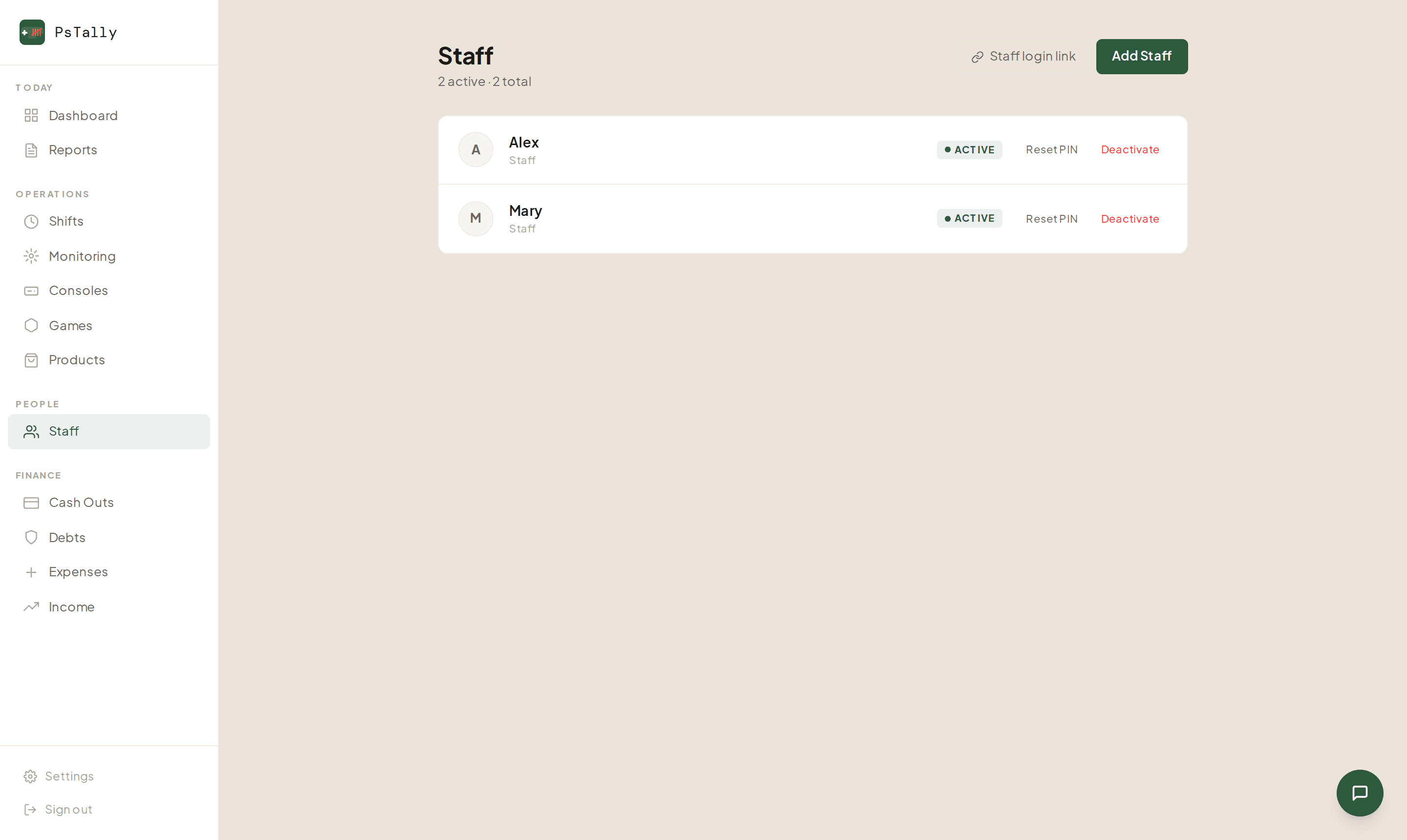 PsTally Staff page showing staff members with Reset PIN and Staff login link