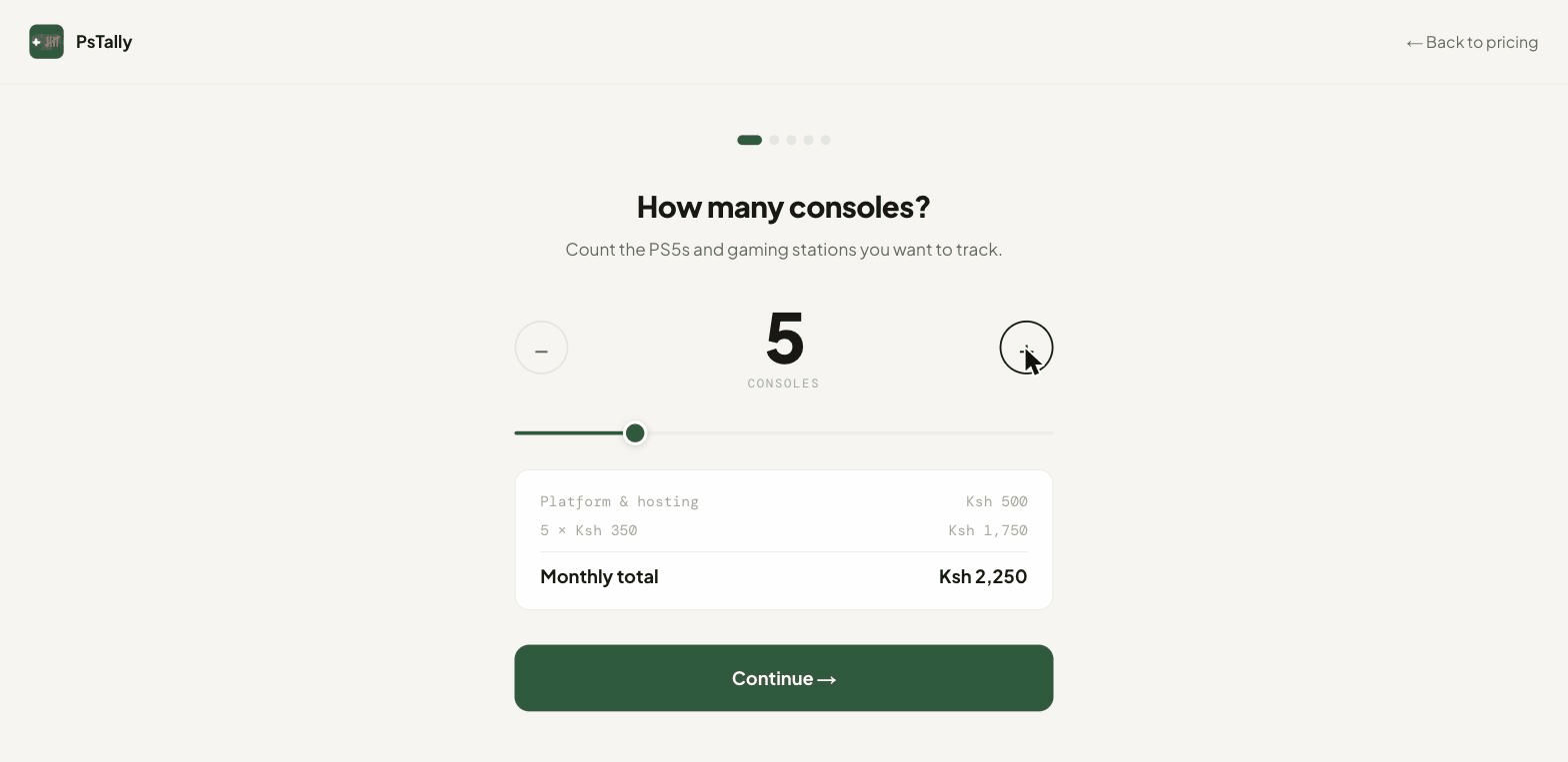 PsTally signup wizard: choosing consoles, billing, Lounge AI, and lounge details
